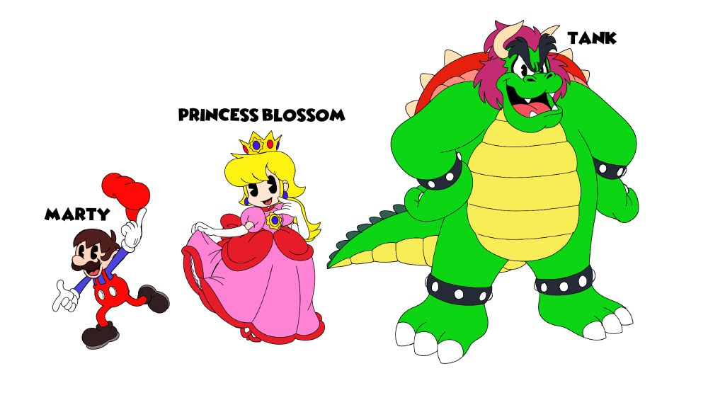 I reimagine their designs to make them more 1900's cartoon feel.

LEFT: Marty is now mixing both Mickey Mouse and Mario by comparing the reference of the clothing.

MIDDLE: It's my idea to create a beautiful pink princess girl with blonde gold hair when mixing or inspiring both Minnie Mouse and Princess Peach.

RIGHT: This is a reimagine design of Tank. If Tank wasn't inspired by Beast (Beauty and the Beast), then his design would be mixed by both Bowser and Pete. As you can tell by the look of his design.
