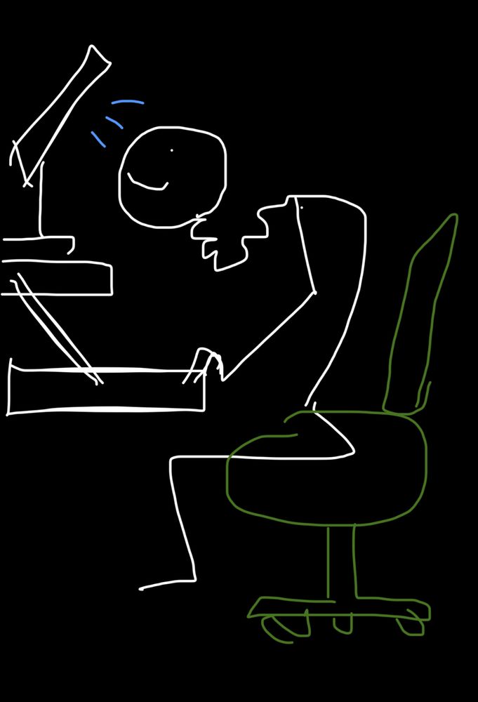 Drawing of a stick figure sitting at a desk with horrible posture