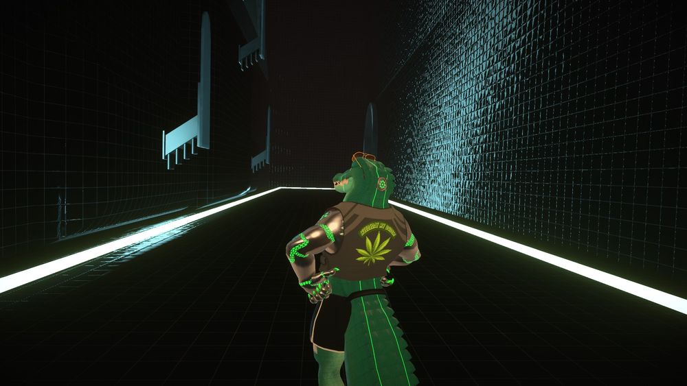 An anthro gator noticing the laws of physics have gone tits up.