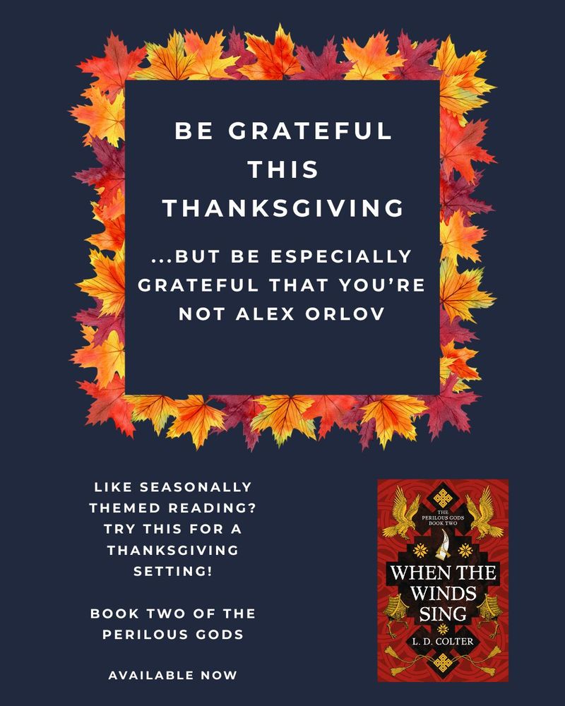 A frame of fall-colored leaves around text. The cover of When the Winds Sing decorated with eagles and Baba Yaga's hut on legs at the sides.