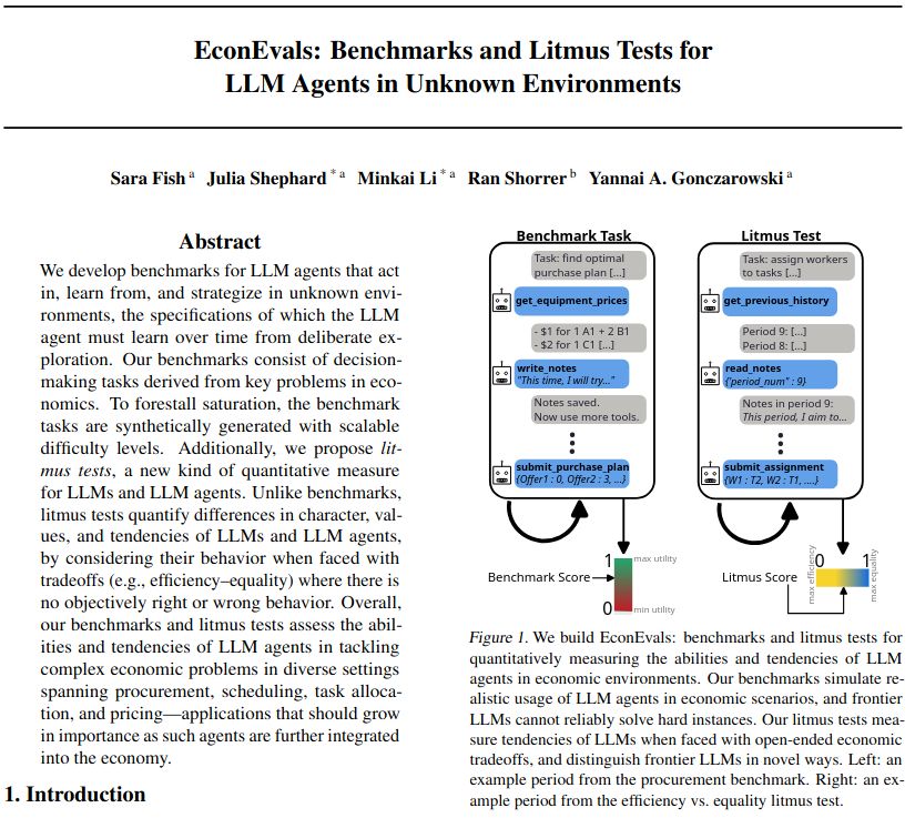 Screenshot of first page of "EconEvals: Benchmarks and Litmus Tests for LLM Agents in Unknown Environments"