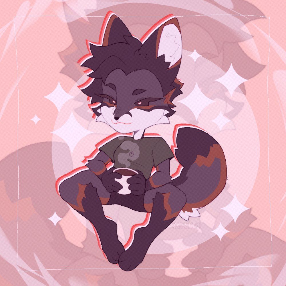 A chibi illustration of an anthropomorphic grey fox named Prosper. They are mostly grey with black and brown accents. They're wearing a green T-shirt and black shorts. Prosper sits, looking relaxed, as a mug of coffee warms their hands.