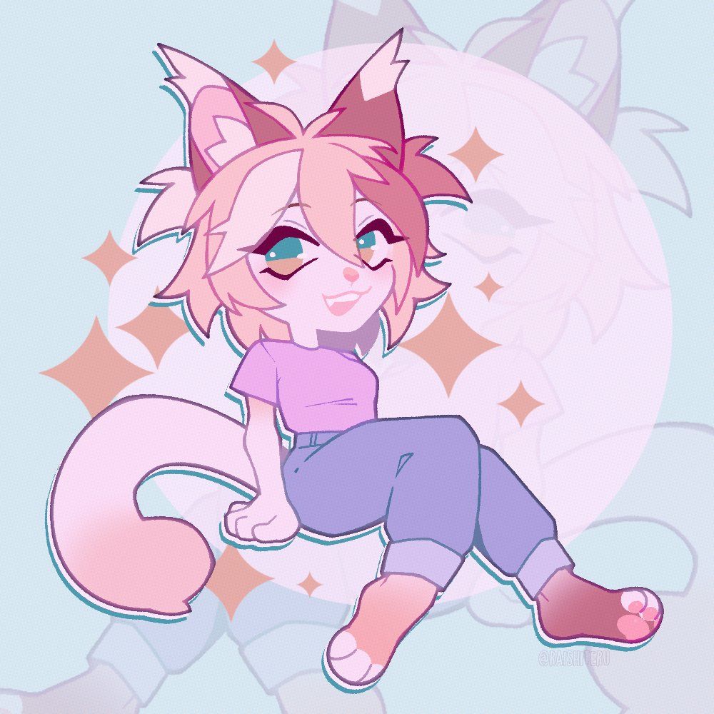 A chibi illustration of an anthropomorphic caracal named Amber. She is mostly cream-colored, with light and dark brown accents. She has on a purple T-shirt and blue jeans. Amber sits, legs swinging, as she looks at the viewer.