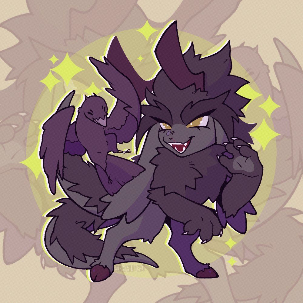 A chibi illustration of a Kuniklov (original species) named Hart and a crow named Detri. Hart is mostly green with longer, dark green fur and a pair of giant brown horns. He has one clawed paw raised, as if greeting Detri, who is flying right beside him. Detri is entirely black with a golden bracelet on her left talon. She has one wing raised, as if waving back at Hart.