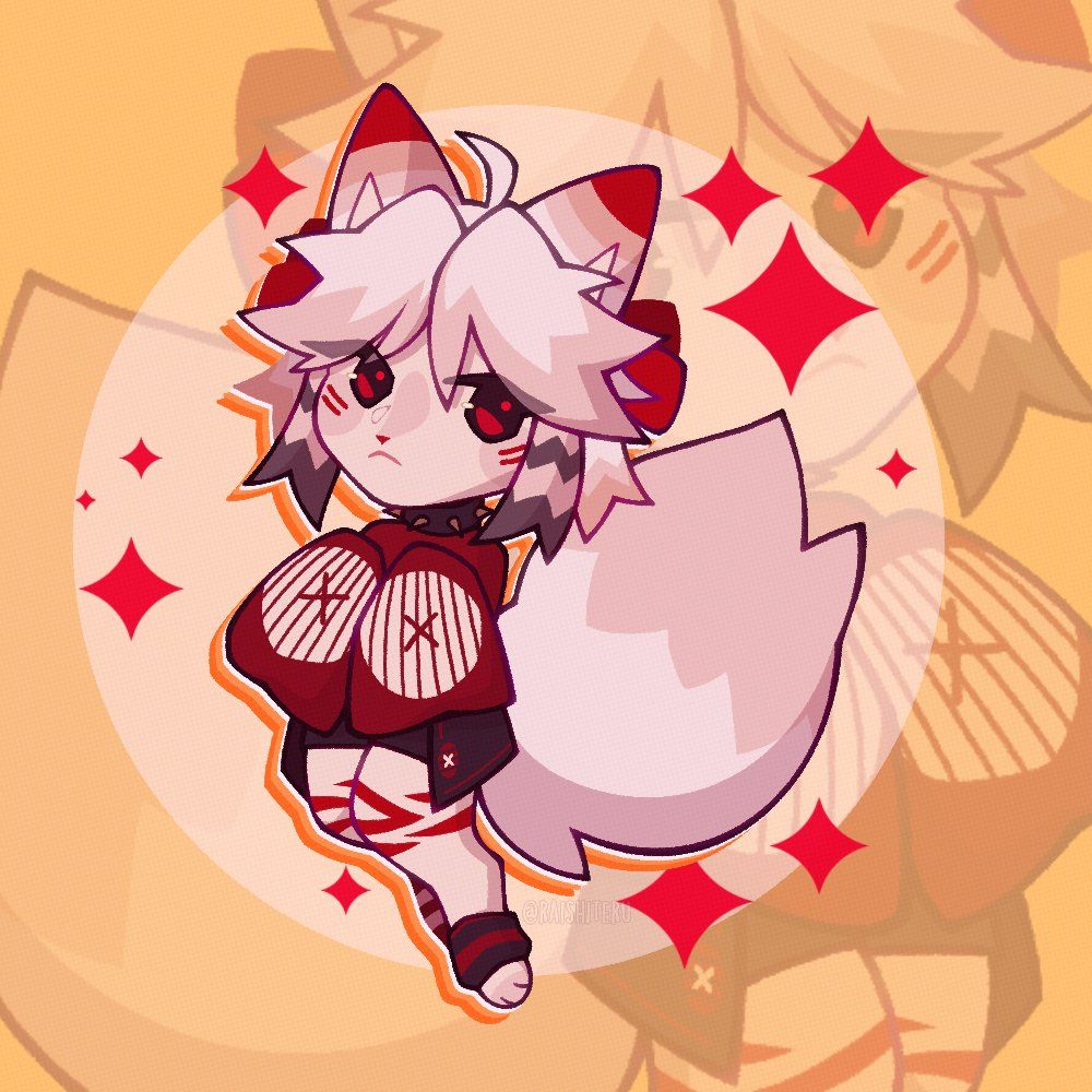 A chibi illustration of an anthropomorphic arctic fox named Mitsuba. She is mostly white with cream and red accents. She wears an oversized red top, black shorts, and spiked collar. She glances up curiously at the viewer.
