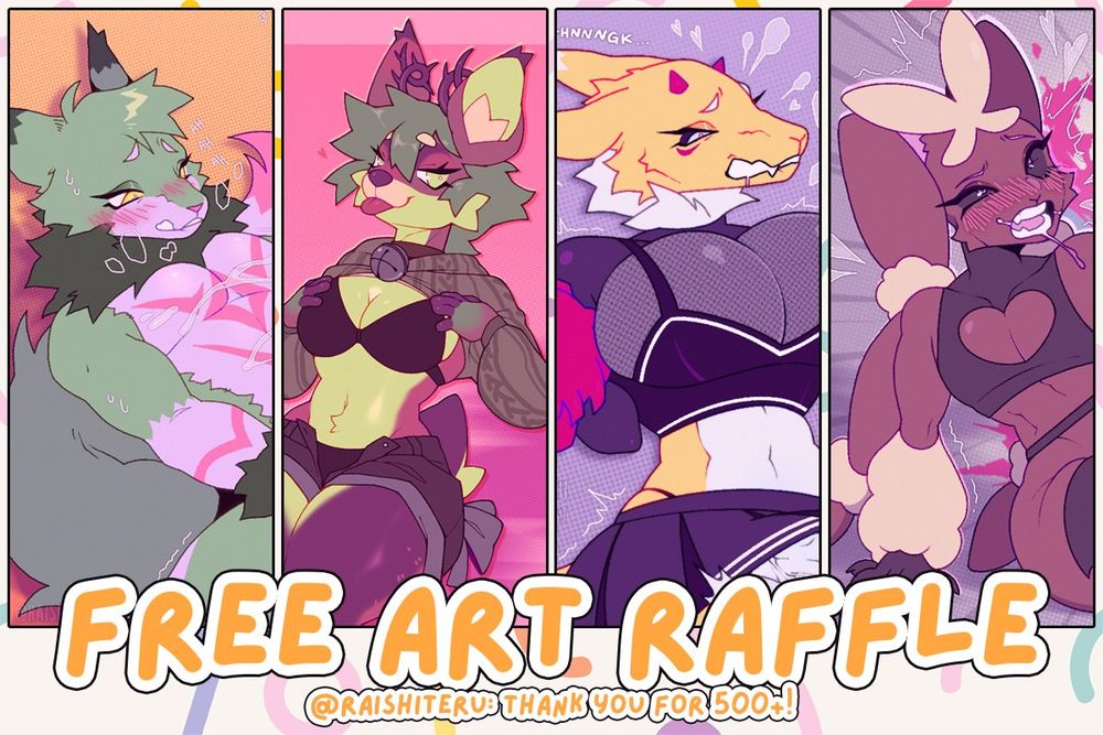 An advertisement for a "FREE ART RAFFLE" showing four examples of @Raishiteru's work. The bottom text reads, "Thank you for 500+ followers!"