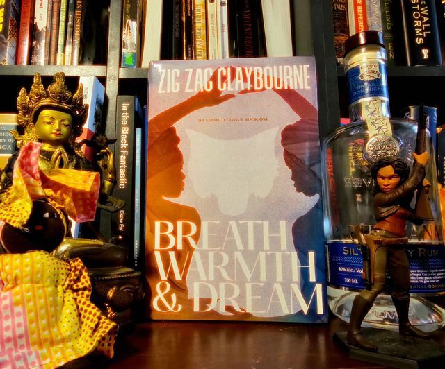 The novel BREATH WARMTH & DREAM is flanked by cool figurines and an empty bottle of rum, a bookcase stuffed with wonderful titles behind them all.