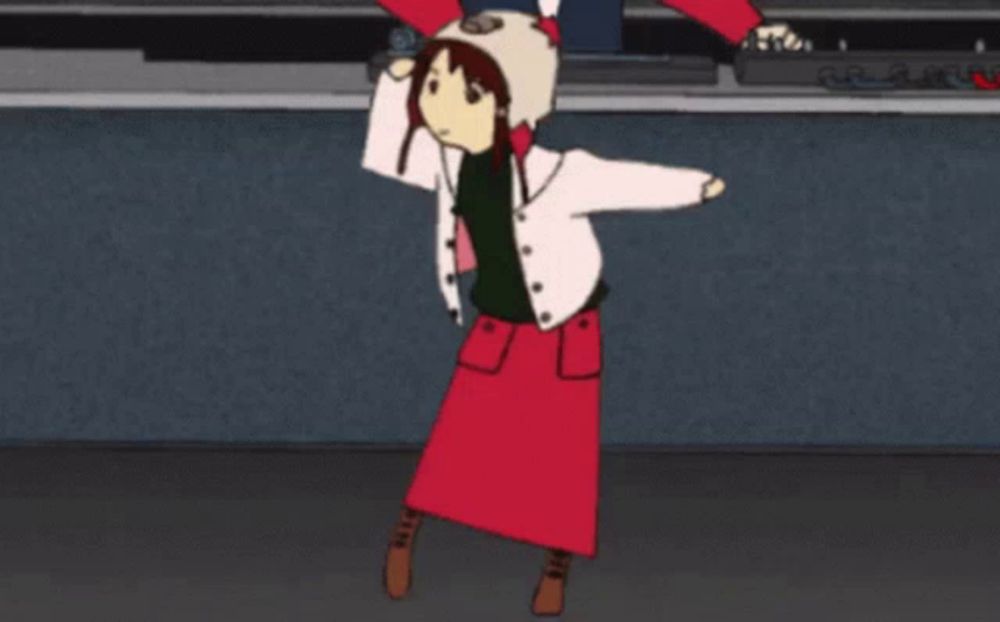 a cartoon of a girl in a red skirt and white jacket dancing