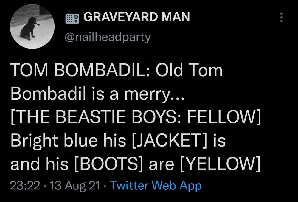 An August 2021 Tweet from @nailheadparty, the body reads:

TOM BOMBADIL: Old Tom Bombadil is a merry...
[THE BEASTIE BOYS: FELLOW]
Bright blue his [JACKET] is and his [BOOTS] are [YELLOW] 