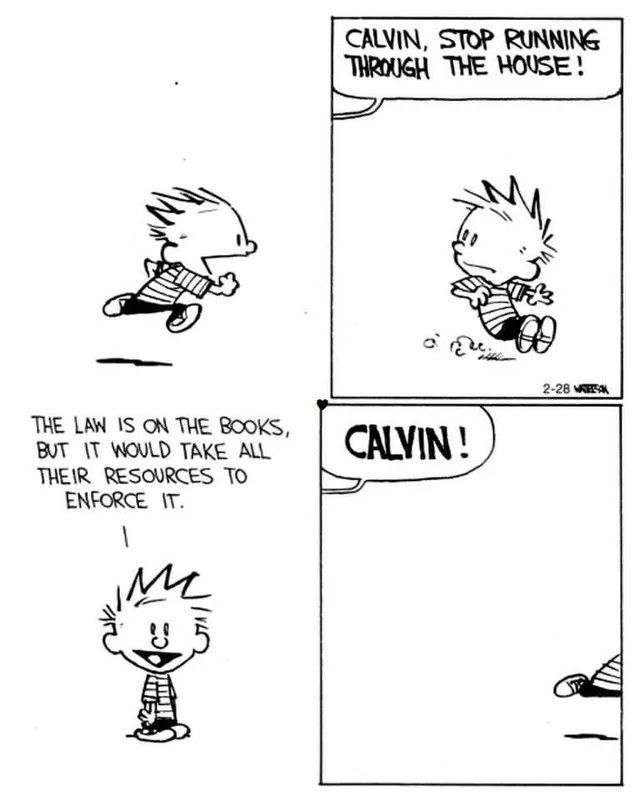 A four panel Calvin and Hobbes strip.

Panel 1 : Calvin running gleefully
Panel 2: Calvin skids to a halt as a parent shouts from outside the panel, "Calvin stop running through the house!"
Panel 3: Calvin breaks the fourth wall and says, "the law is on the books, but it would take all their resources to enforce it."
Panel 4: Calvin takes off again followed by a shout of, "CALVIN!" 