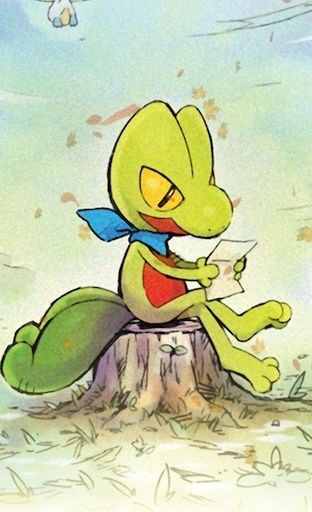 The Pokemon Treecko (green gecko with a red stomach) sits on a tree stump with one leg crossed over the other while reading a letter. The vibes are real gay