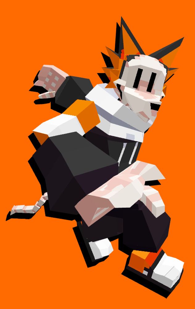 A 3D model of my fursona hitting a dynamic pose against an orange background!
The pose it's inspired by is linked below this post!