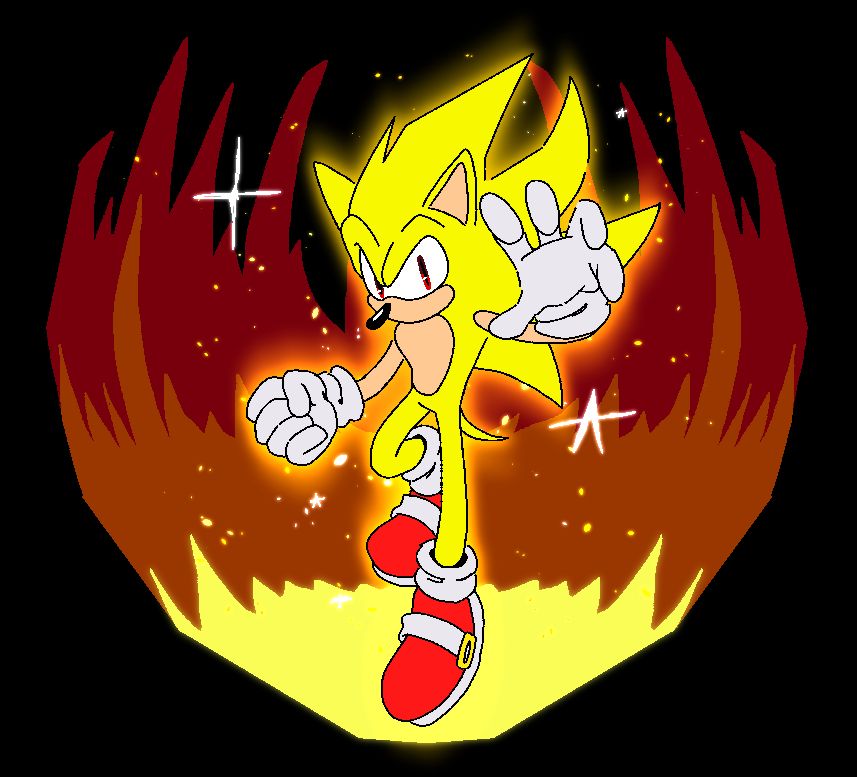 Super Sonic reaching towards the camera with his left hand while he clenches his fist in the other. He sparkles and shines as a flaming aura engulfs him.