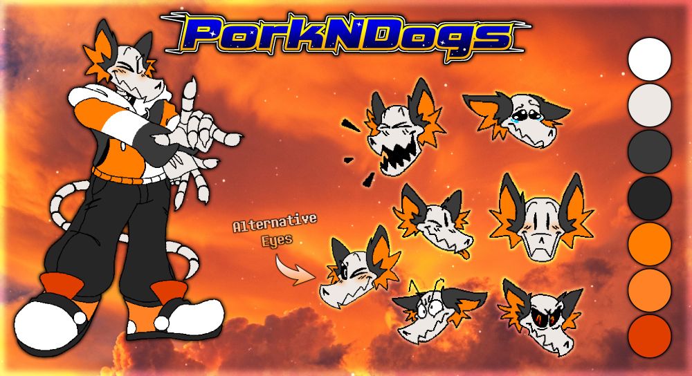 The reference sheet for my fursona! This features my sona hitting a pose from Sonic Adventure while various expressions are shown to the right. In the top middle, it features a custom logo for my brand inspired by Sonic Adventure 2, and the color palette for the character to the right!