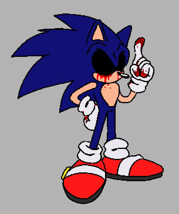 Sonic.EXE pointing his finger against a gray background. Blood streams down from his fingertips and eye sockets as he gives a blank expression.