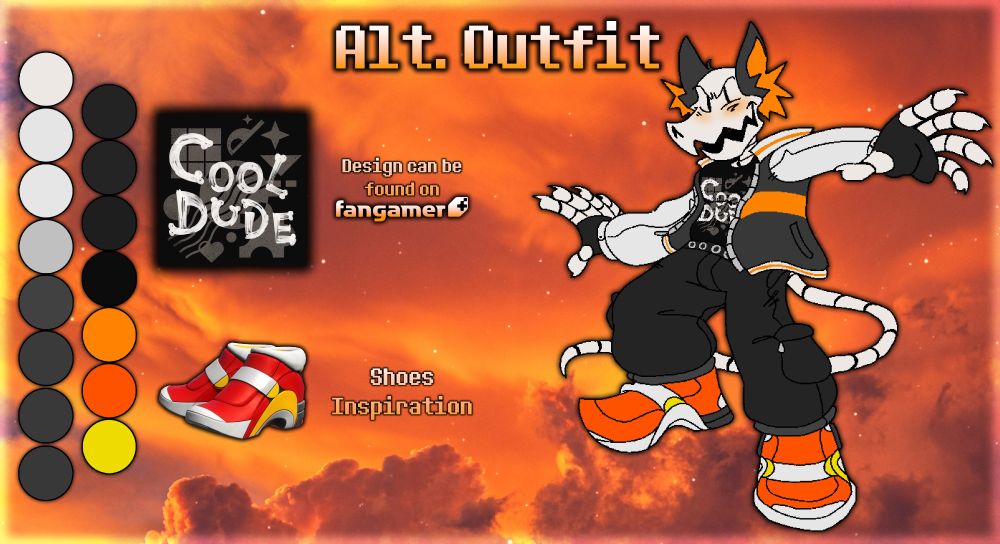 This section features an alternative outfit for the character, featuring grind shoes based on Sonic's SOAP Shoes from Sonic Adventure 2 and a "COOL DUDE" t-shirt from fangamer.com! My sona is hitting a pose based on the Sonic Adventure 2: Battle artwork of Sonic! Another color palette is shown beside the t-shirt design!