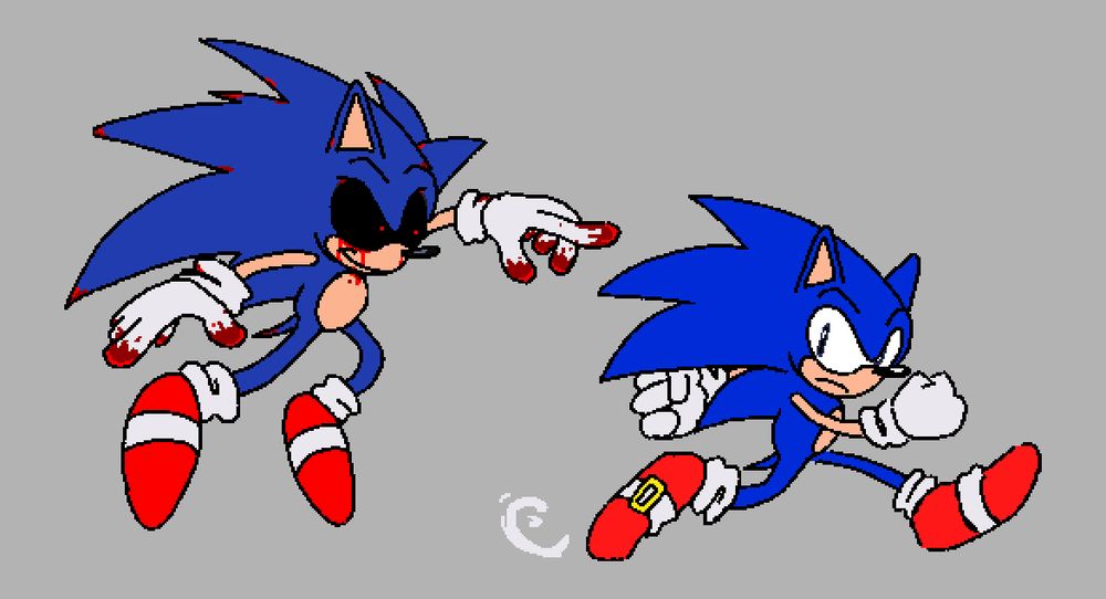 Sonic.EXE chases down Sonic the Hedgehog against a gray background. It's seems as if Sonic's confronting a splitting image of himself as he speeds along. 

...Wait didn't I do this joke already?