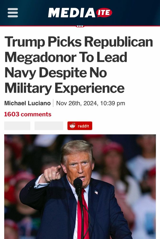 Screenshot of a news article titled “Trump picks mega donor to lead navy despite no  military experience”