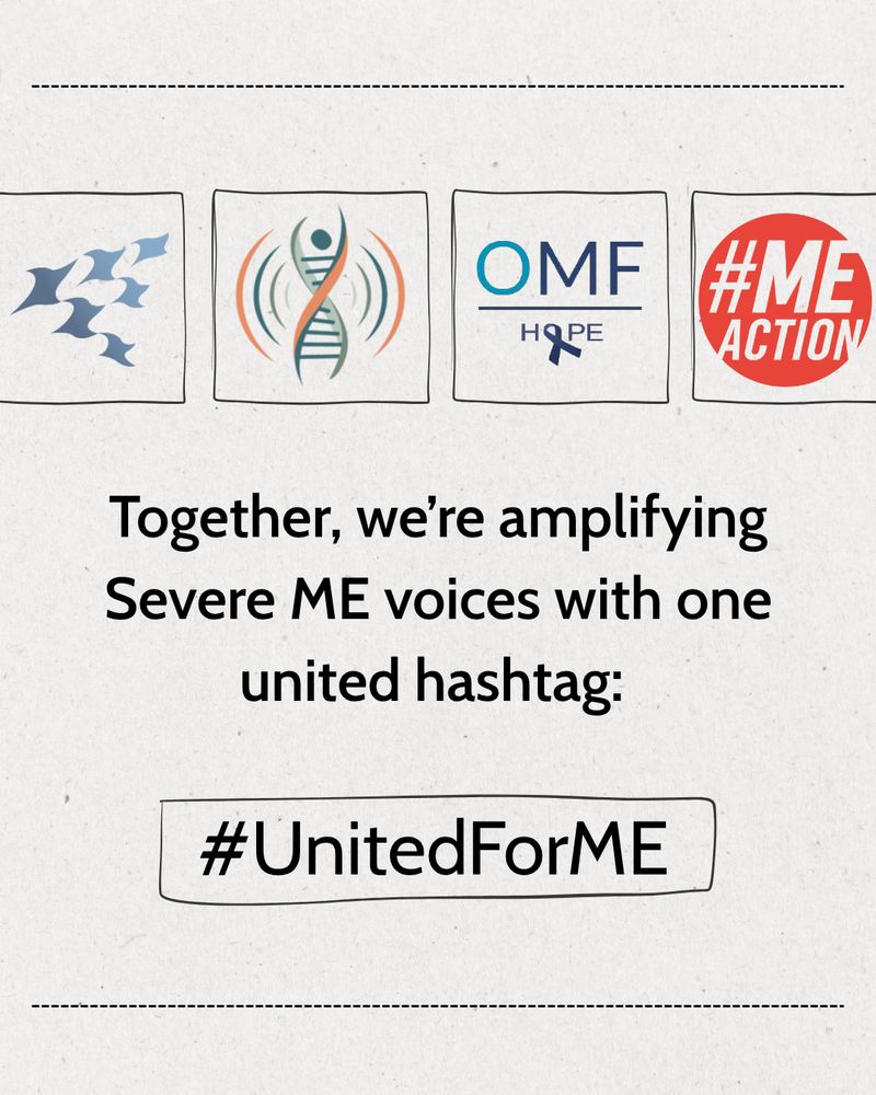 Simple graphic with logos from Bateman Horne Center, Solve ME/CFS Initiative, Open Medicine Foundation, and MEAction at the top. Text underneath reads: “Together, we’re amplifying Severe ME voices with one united hashtag: #UnitedForME.” 