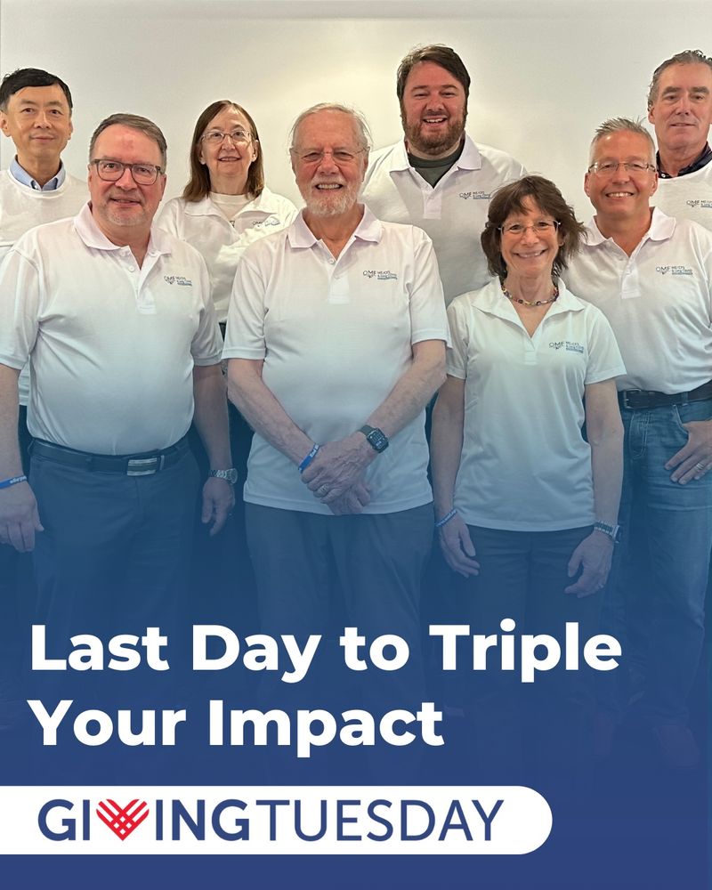 The image shows all OMF Directors, Maureen Hanson & Linda Tannenbaum. At the bottom, there’s a blue overlay with white text that reads: “Last Day to Triple Your Impact” Below that is the Giving Tuesday logo with the red heart-shaped “V.”