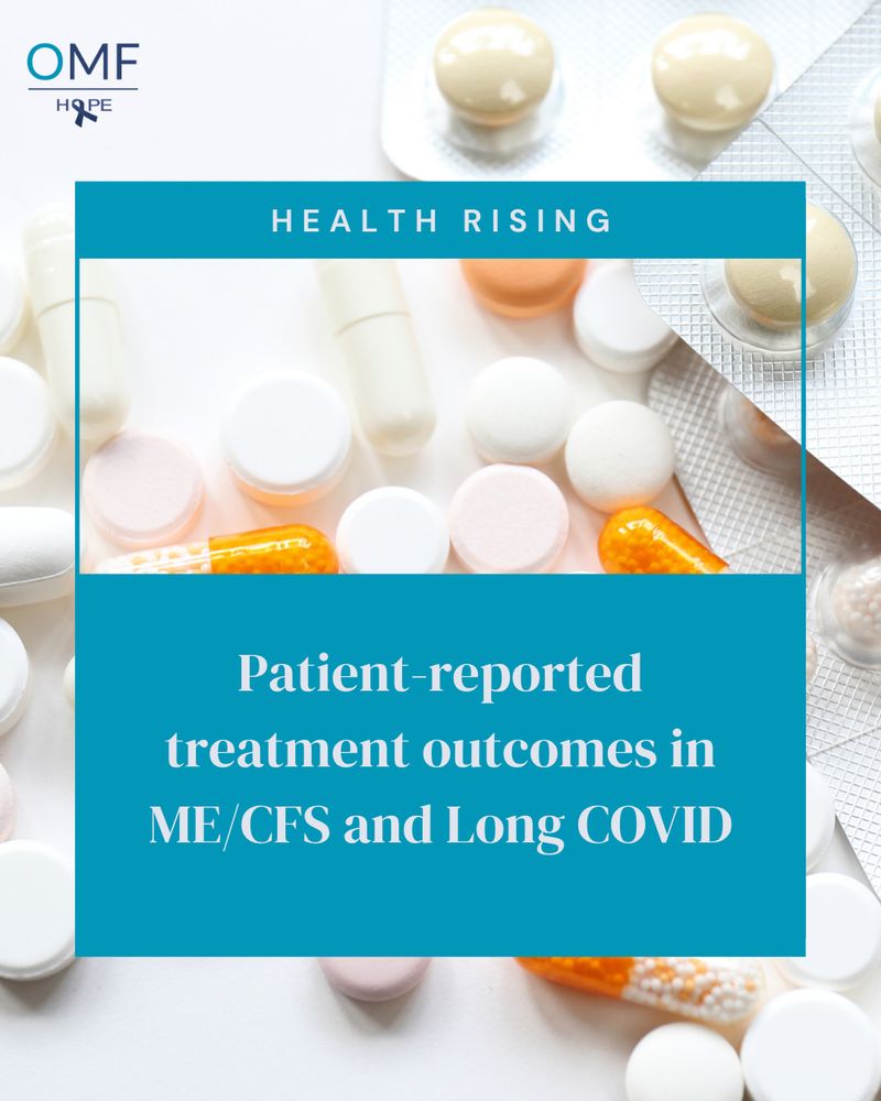 In the background, various types of medication are spilled across a white surface. In the foreground, text reads: HealthRising — Patient-reported treatment outcomes in ME/CFS and Long COVID.