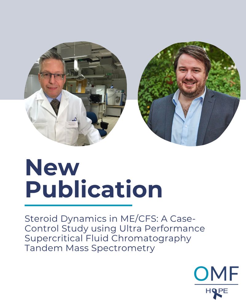 On the left is a photo of Dr. Jonas Bergquist in a lab, wearing a lab coat. On the right is a photo of Dr. Chris Armstrong, smiling and dressed in a blue shirt and blue jacket. Text below the images reads: “New publication: Steroid Dynamics in ME/CFS: A Case-Control Study using Ultra Performance Supercritical Fluid Chromatography Tandem Mass Spectrometry.” 