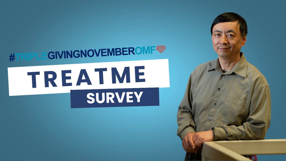 Wenzhong Xiao with short dark hair stands against a blue gradient background, wearing a gray button-up shirt and resting his hands on a desk or podium. Text above him reads “TREATME SURVEY” in bold navy and white letters. In the lower-left corner, the text reads “#TRIPLEGIVINGNOVEMBER.