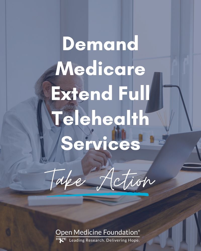 The image features a healthcare professional seated at a desk, working on a laptop. The text overlay reads, "Demand Medicare Extend Full Telehealth Services. Take Action."