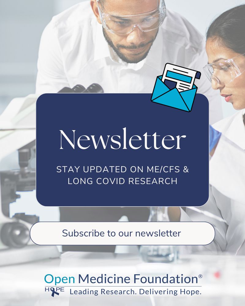 The background shows two researchers in lab coats and safety goggles working with microscopes and lab equipment. In the center, a dark blue box contains the text: “Newsletter – Stay updated on ME/CFS & Long COVID research.”
Below the box is a white button with the text: “Subscribe to our newsletter.”
