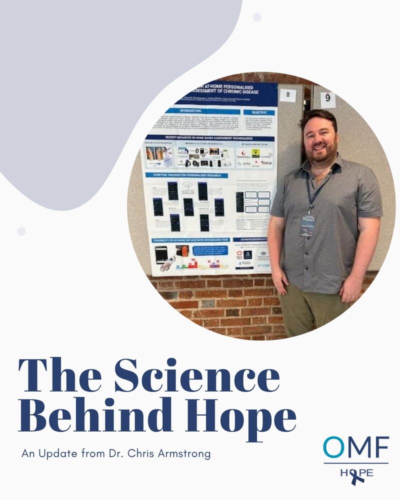 On the right side of the image, Dr. Chris Armstrong is smiling and standing in front of a large scientific poster. On the left side, there's a curved light purple design element. At the bottom, bold navy text reads: “The Science Behind Hope,” with smaller text below: “An Update from Dr. Chris Armstrong.”