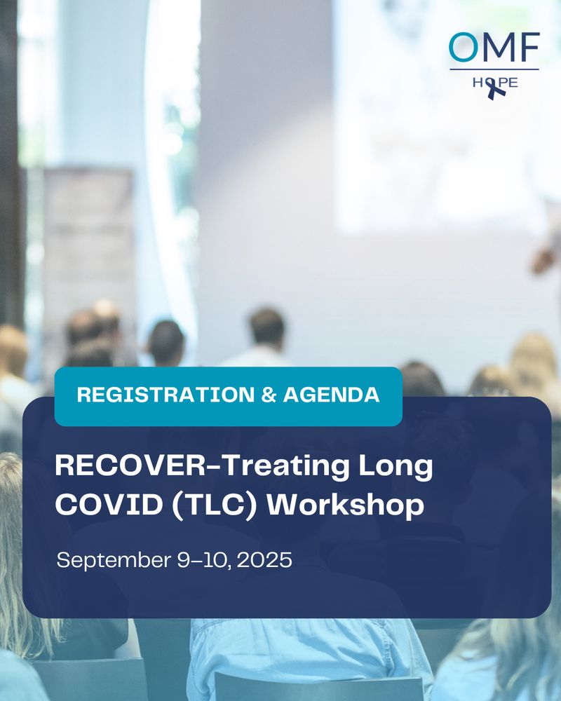 raphic for the RECOVER–Treating Long COVID (TLC) Workshop. The background shows a blurred photo of a seated audience in a conference room, facing a presentation screen. A blue overlay near the bottom contains the following text in white:
•	REGISTRATION & AGENDA (in a small teal banner)
•	RECOVER–Treating Long COVID (TLC) Workshop
•	September 9–10, 2025