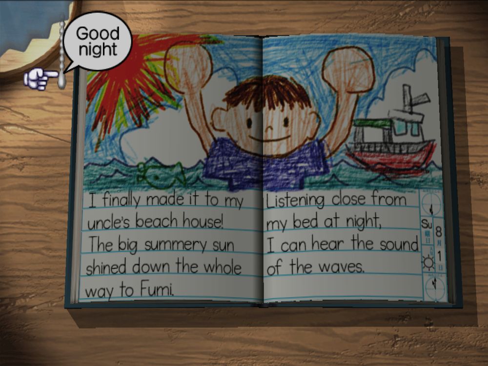 boku's diary. it says
"i finally made it to my uncle's beach house! the big summery sun shined down the whole way to fumi. listening close from my bed at night, i can hear the sound of the waves."