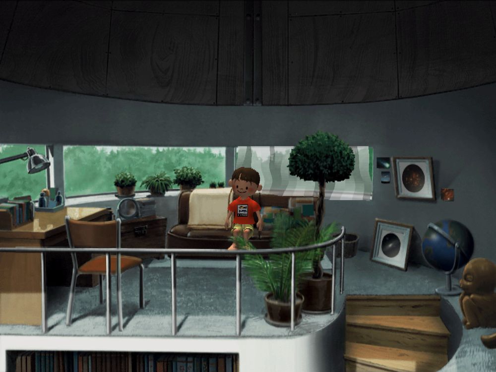 boku sitting on a couch on the upper floor of yasuko's house. it's under a dome roof and there's some astronomy-related paraphernalia