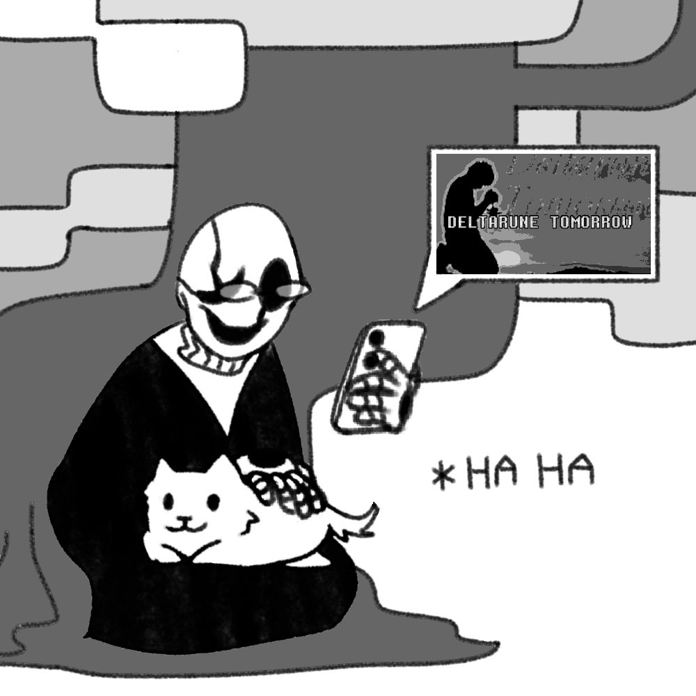gaster undertale sitting under a scarlet forest tree, the annoying dog on his lap. he's wearing glasses and is on his dang phone, saying "HA HA" in reaction to deltarune tomorrow