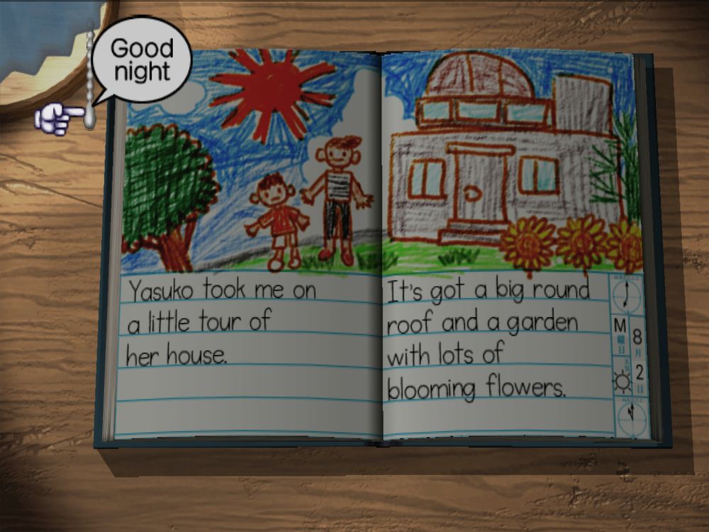 boku's diary. it says:
"yasuko took me on a little tour of her house. it's got a big round roof and a garden with lots of blooming flowers."