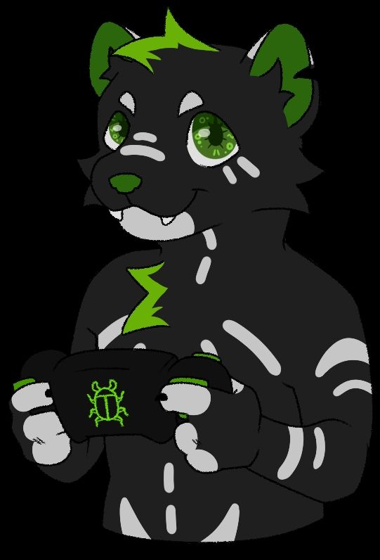 A green, white, and black  anthropomorphic mink holding a controller
