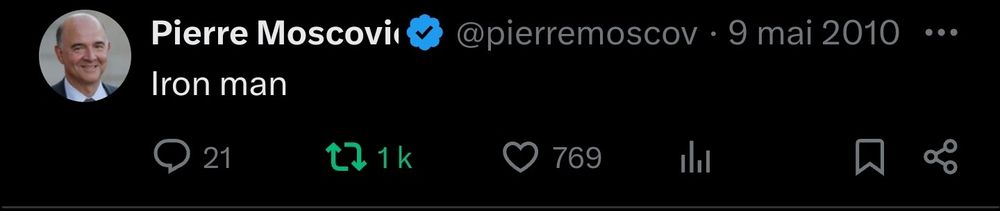 Un tweet de Pierre Moscovici qui dit : "Iron Man" 