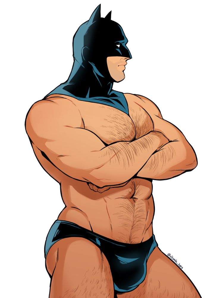 Drawing of Batman looking to the side with his arms crossed, wearing only his mask and a matching leather speedo