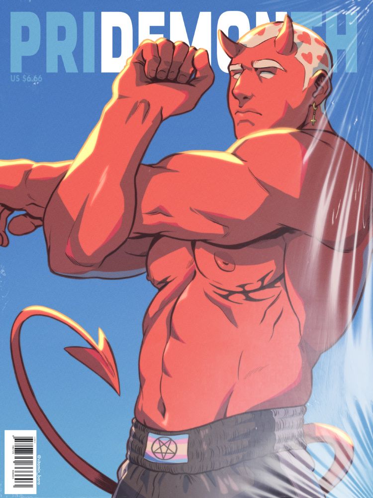 Fake magazine cover featuring a muscular red skinned trans demon stretching