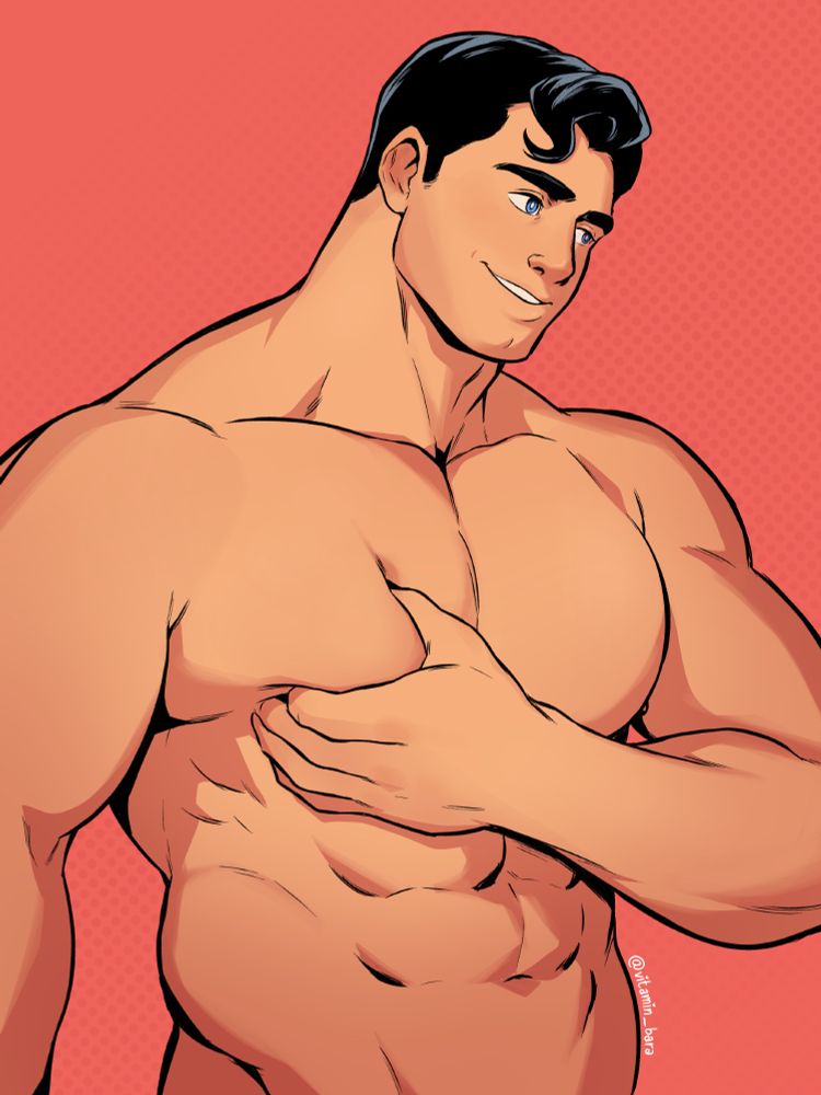 Drawing of Superman shirtless, squishing one of his pecs