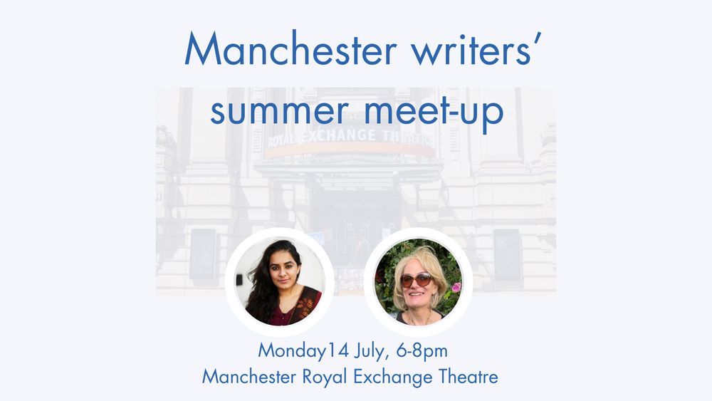 Blue and white flyer with photo of Manchester Royal Exchange Theatre and photos of afshan d’souza-lodhi and Sukey Venables Fisher plus details of the event