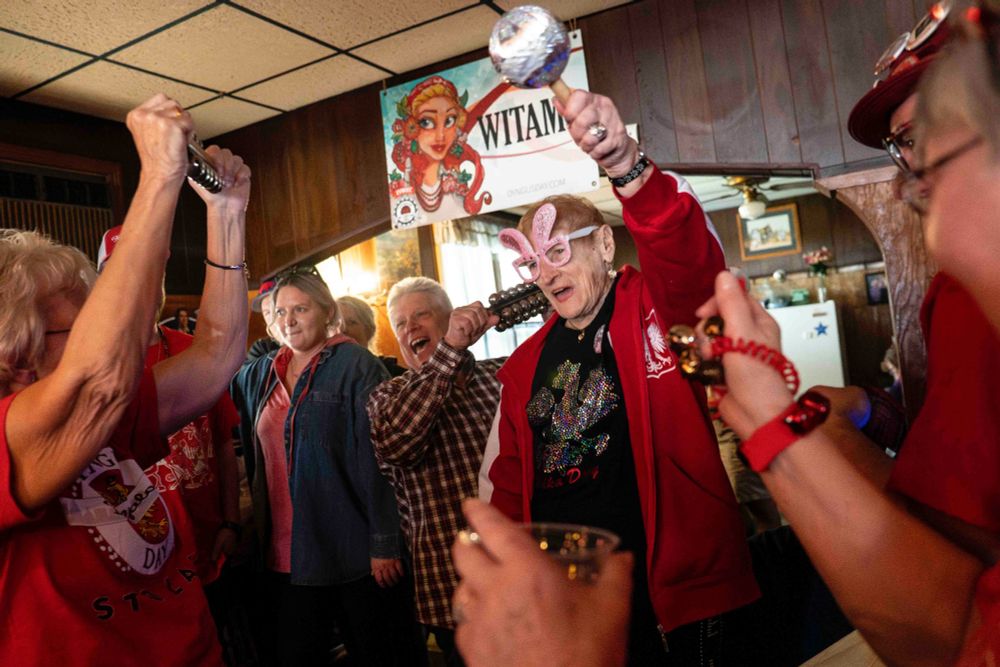 Dolly Handzlyk, center right, dances at the Happy Swallow, celebrating Dyngus Day on the bar's last day of operation in Buffalo, April 21, 2025. (Libby March/Buffalo News)
