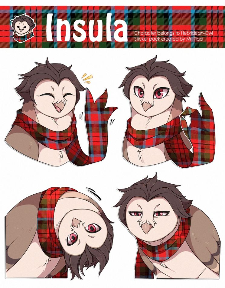 Four bust digital drawings of a barn owl character. He has a short brown hair, light red eyes and wears a plaid red scarf that works as his hands. Each bust has a different expression, which are: smiling and waving with the scarf, doing an "okay" gesture with the scarf, turning his neck in a curious way, squinty eyes.