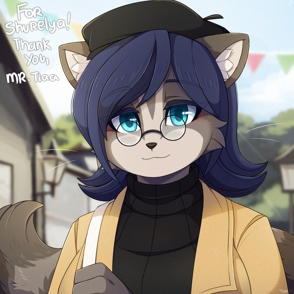 Digital bust drawing of a furry raccoon character, she has the traditional raccoon fur pattern, dark blue hair and light blue eyes. She's wearing a turtleneck black sweater, a pale yellow coat, a black bonnet and small round glasses. The background is a small town.
