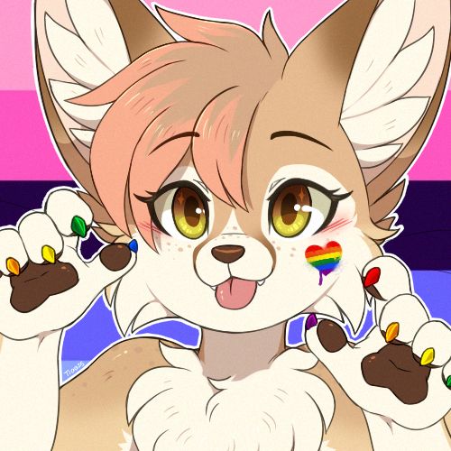 Digital bust drawing of a furry fennec character. She has sand brown fur with light face marking and underbelly, freckles, golden eyes and dark brown nose and pawpads. She has her hands up, showing up her nails that are painted in rainbow colors. She is sticking her tongue out in a silly expression, and has a little rainbow hear painted on her cheek. On the background there's the omnisexual pride flag.