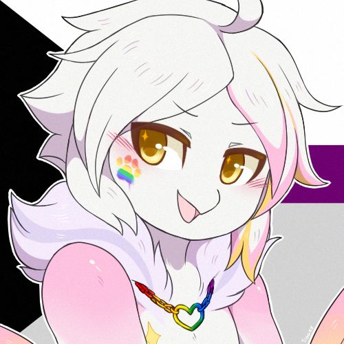 Digital bust drawing of a furry dove character, with white body and hair, pastel pink, lilac and yellow markings and golden eyes. He is wearing a chain necklace made of rainbow metal, and has a pawpad painted on his cheek in pastel rainbow colors. The background is the demisexual flag.