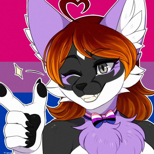Digital bust drawing of a fox furry character, with black, white and purple fur, reddish hair, silver eyes and black nose, pawpads and nails. They are winking and finger poiting at the viewer. They are wearing a bow tie with the colors of the genderfluid flag, and the background is the bisexual flag.