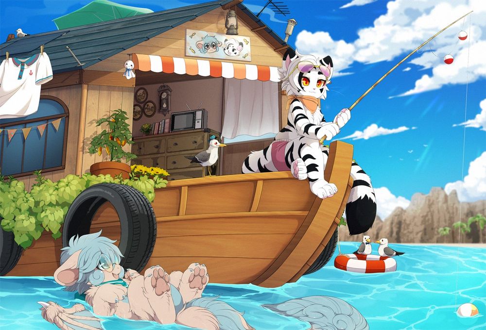 Digital drawing of a white tiger furry character, sitting on the tip of a houseboat and fishing on the ocean. There's a fluffy dragon furry character floating on the ocean, near the boat and watching the tiger.
