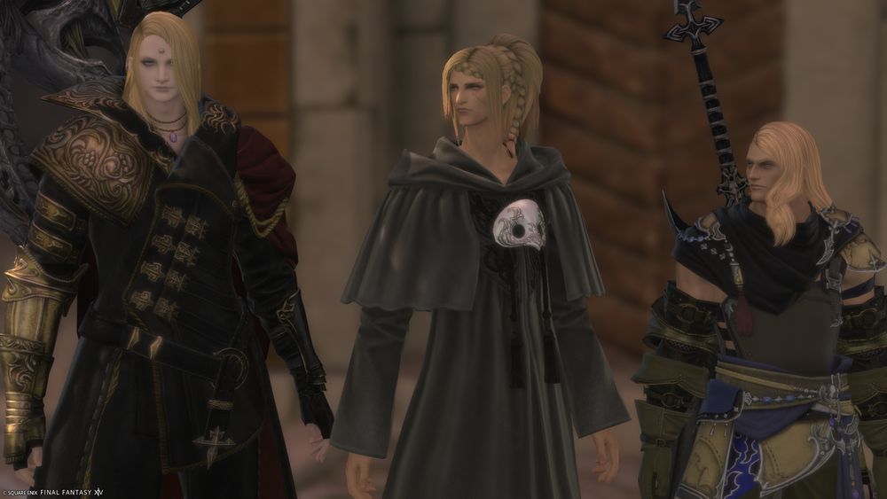 Zenos, a blond haired ancient and durante. The ancient (zenos' unsundered self) and durante are looking at zenis disapprovingly 