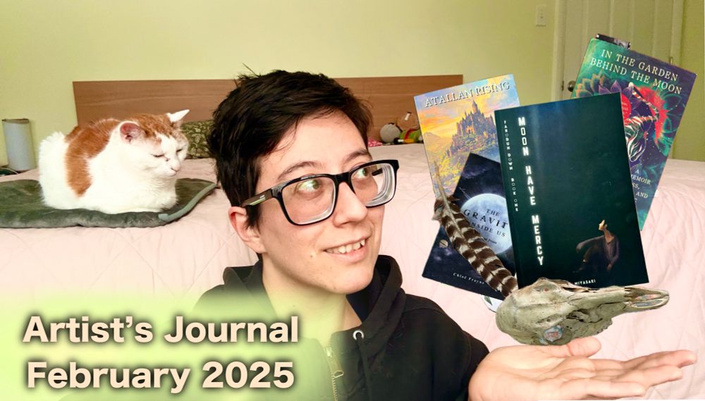 Photoshopped image of me, an old mixed Asian lady with a bad short haircut, sat in front of by bed, looking at a cut n pasted collection of books and doodads relevant to the video. A white and orange cat (Gertie) is perched above my right shoulder on the bed behind me.